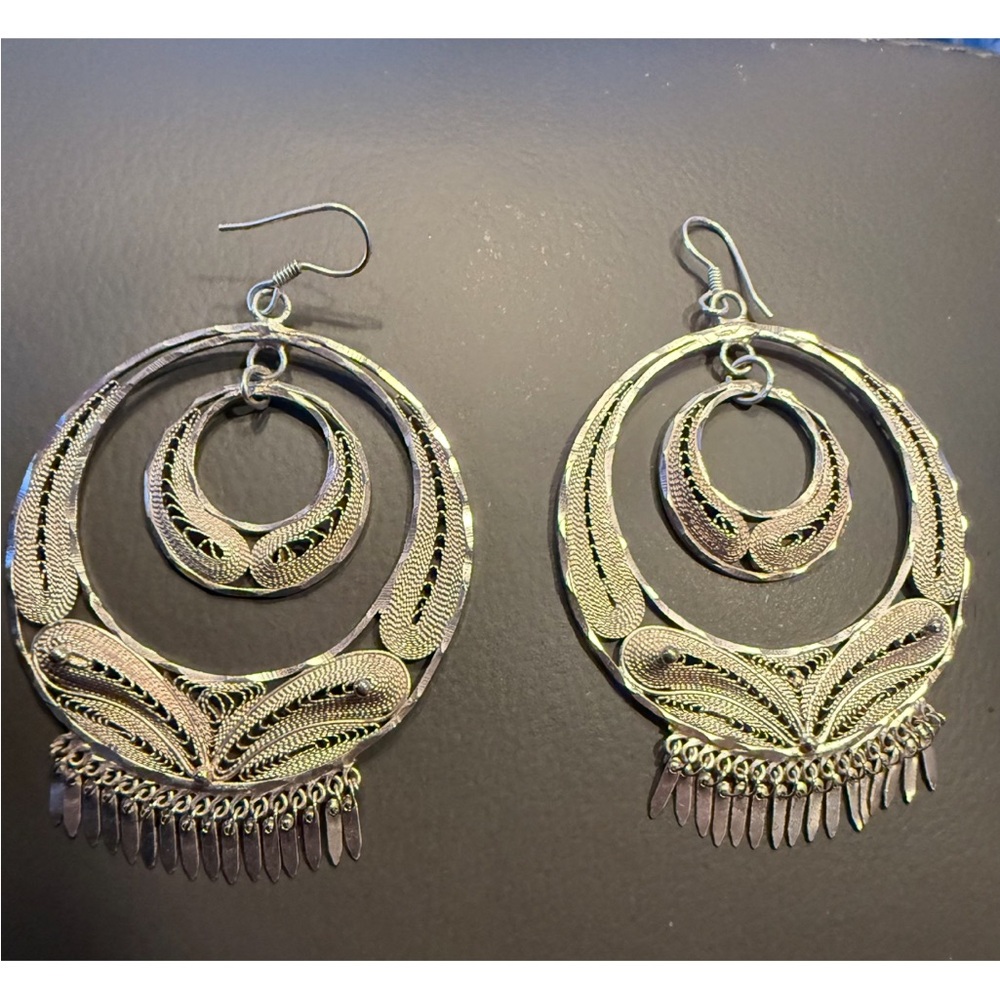 NWOT Intricate Mexican Sterling Silver Filigree Hoop Earrings